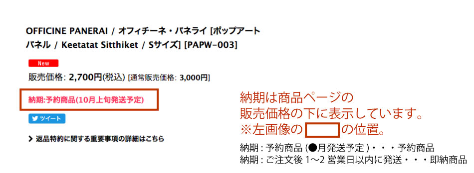 ポップアートパネルの納期表示場所